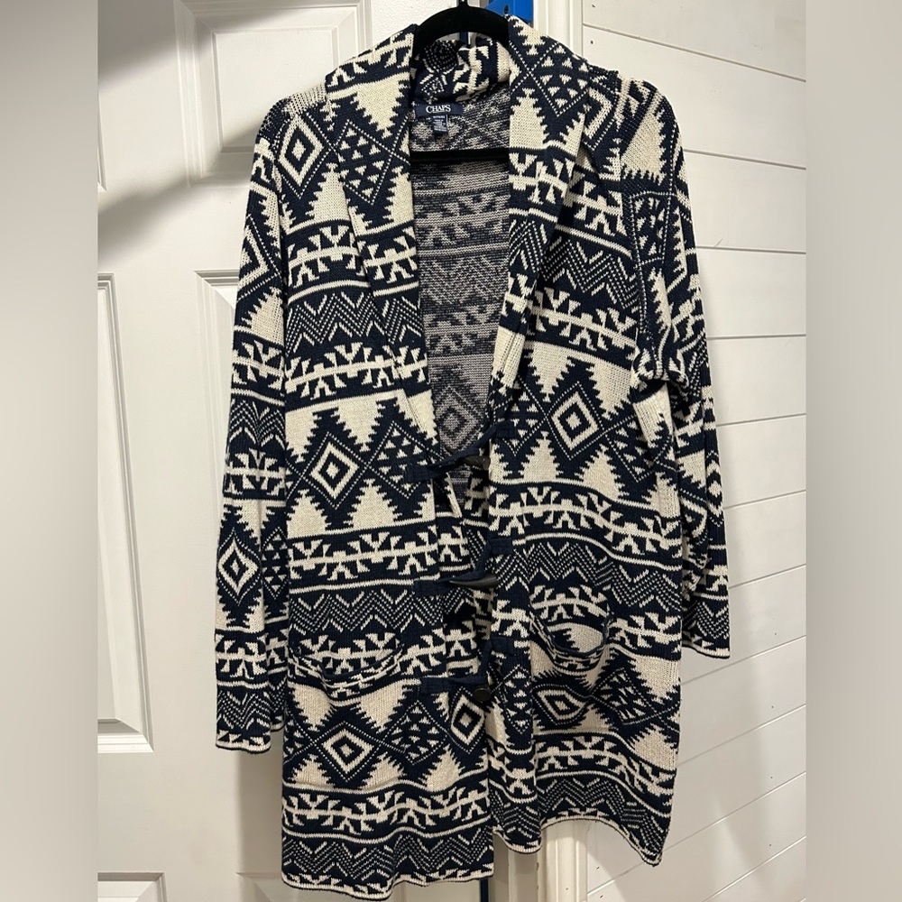 long cardigan sweater black/cream "southwest" CHAPS horn buttons 1x